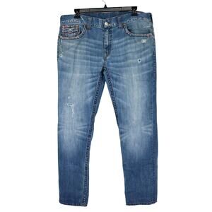 True Religion Jeans Mens 40 x 34 Waist Blue Denim Skinny Flap Pockets Distressed